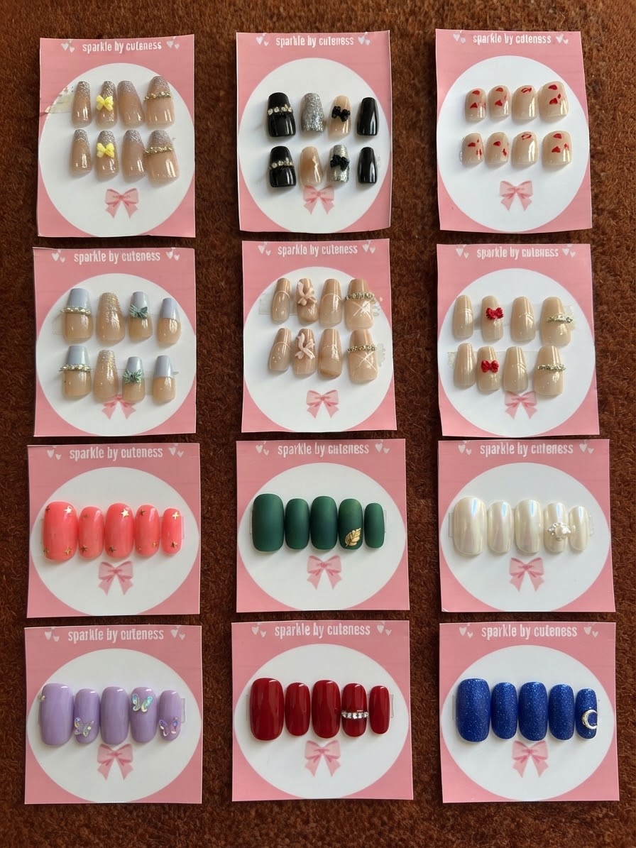 Press-On Nails Set with Application Kit – 14 Nail Stickers, Nail File & Cuticle Pusher