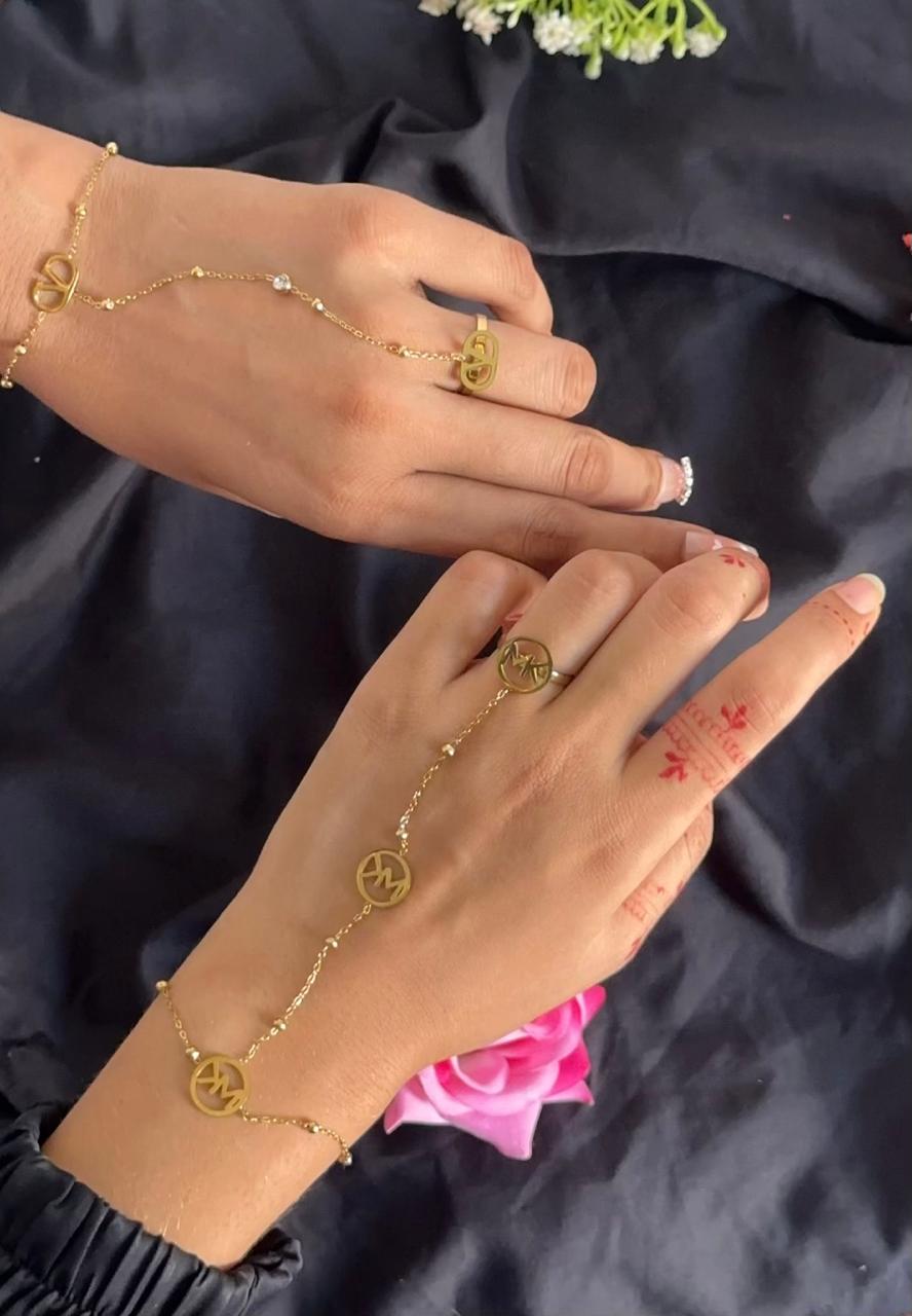 Elegant Finger Bracelet – Gold-Tone Hand Chain with Connected Ring for Women